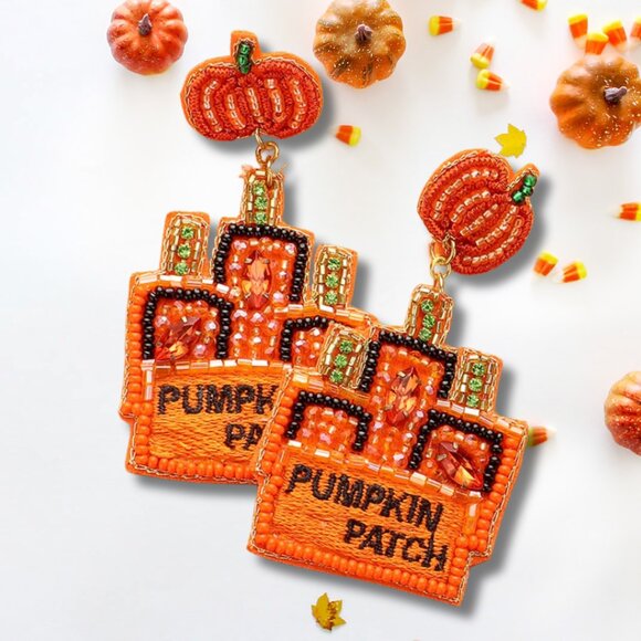 Pumpkin Patch Fall Autumn Theme Halloween Seed Beaded Earrings - Picture 5 of 6